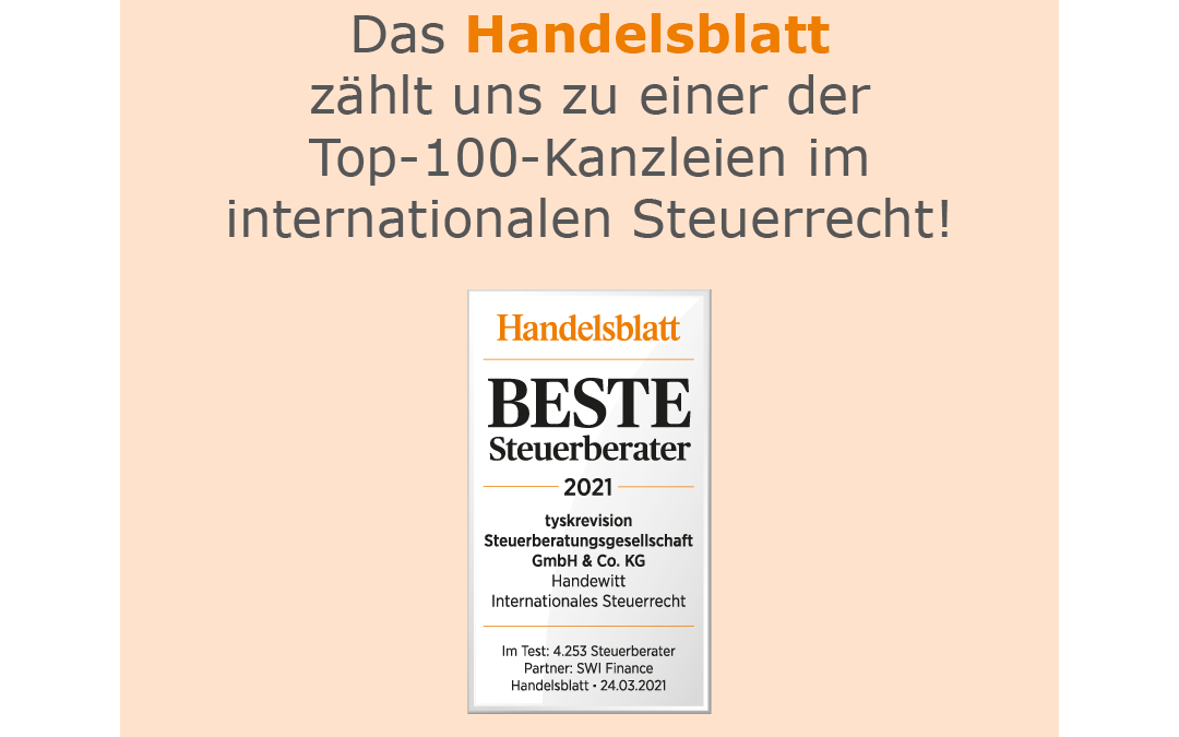 Handelsblatt zählt tyskrevision zu Deutschlands Top-100-Kanzleien im internationalen Steuerrecht