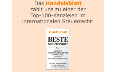 Handelsblatt zählt tyskrevision zu Deutschlands Top-100-Kanzleien im internationalen Steuerrecht